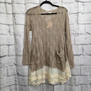 Ryu Tunic Sweater Womens Open Knit Sheer Ruffle Hem BOHO Size Small/Medium